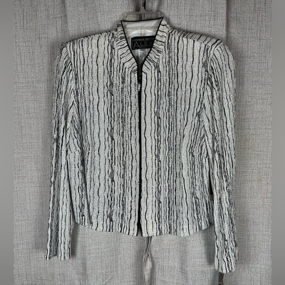 ALEX EVENINGS Jacket White W/ Black/ Silver Glitter Striped Sequins Sz 18WP NWT